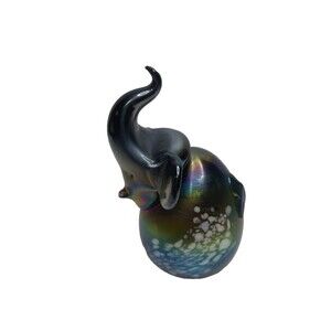 PENCO GLASS IRIDESCENT PURPLE BLUE ELEPHANT TRUNK UP FIGURINE OR PAPERWEIGHT